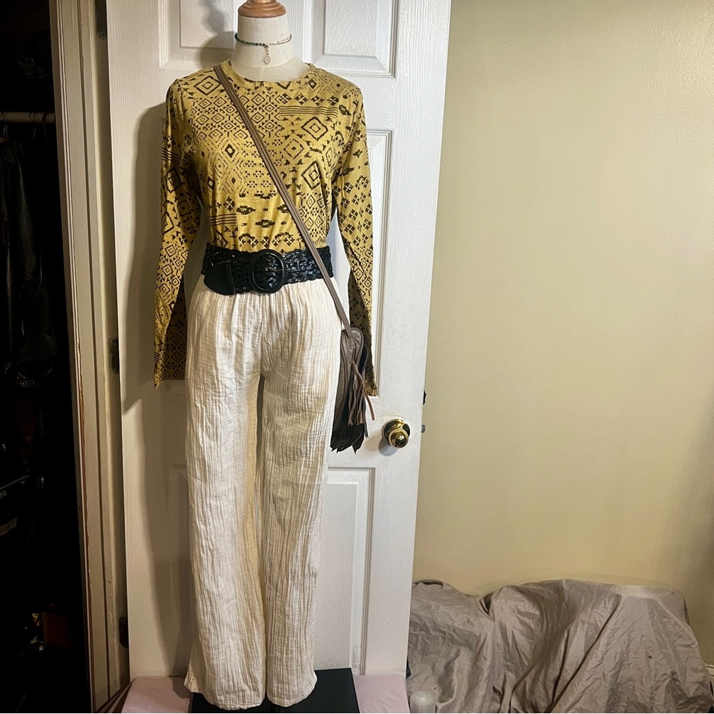 Lotus And Luna Wms Cream 100%Cotton Gauze Wide‎ Leg Boho Resort Festival Pants S